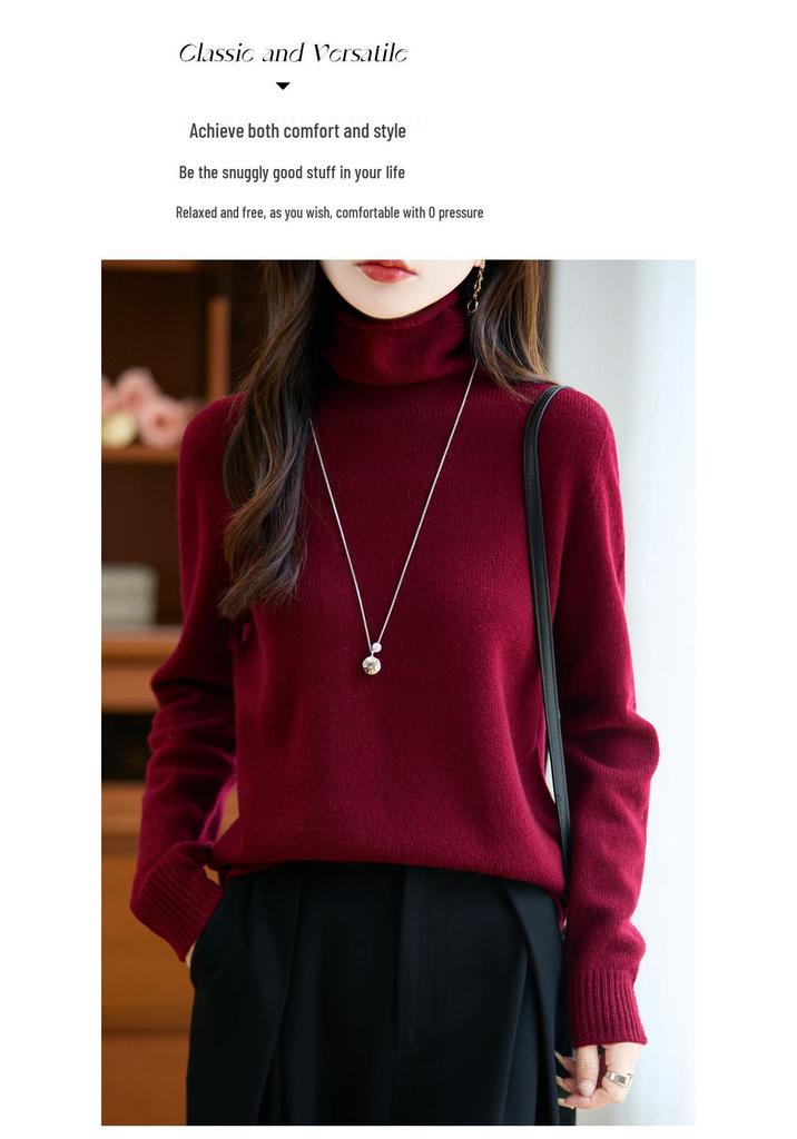 Women's Autumn/Winter Seamless 100% Pure Wool Stacked Collar Sweater - Skeletal Lazy Style Base Layer