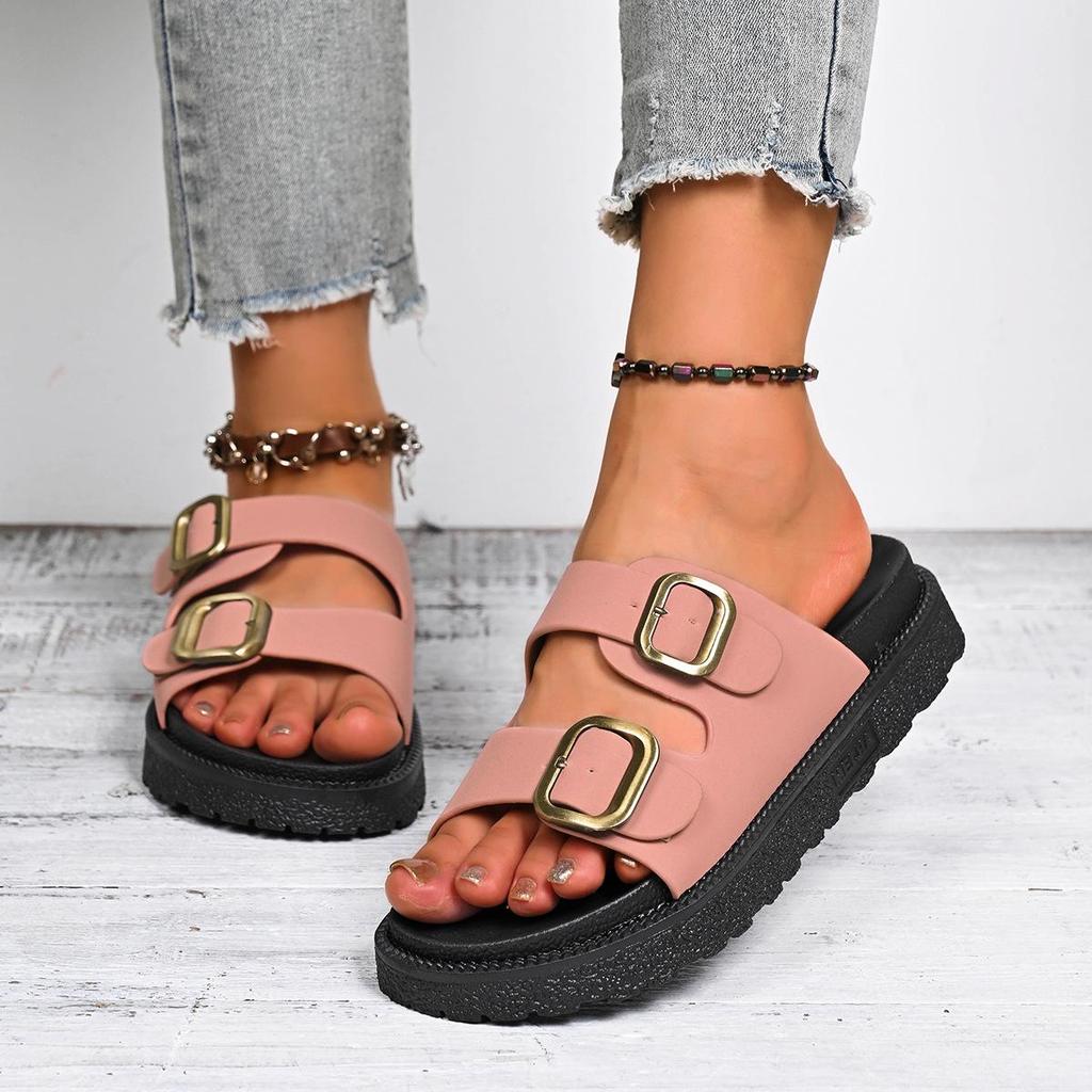 Leopard Print Cross Rivet Thick-Soled Women's Slippers - Summer 2025 European American Fashion with Single Strap Buckle in Plus Sizes.