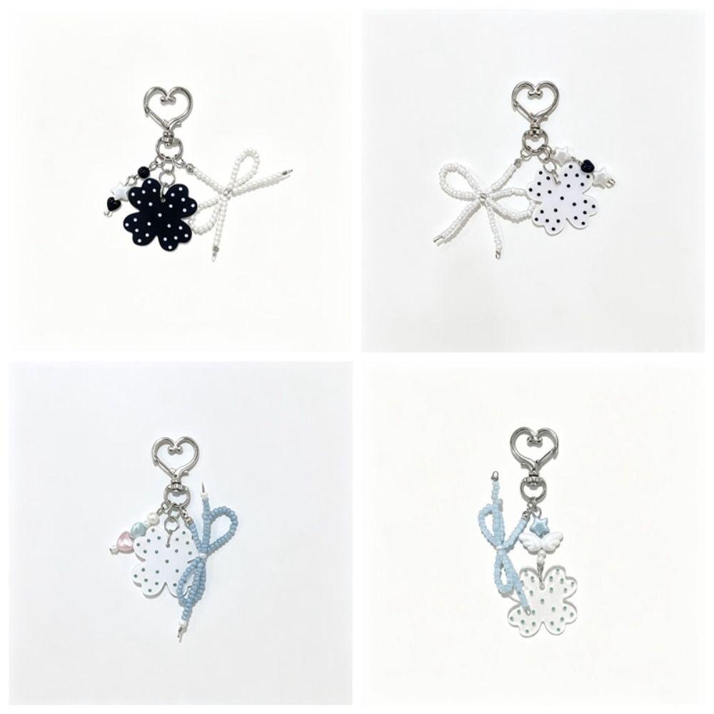 Heart Shape Bag Charm Beaded Bow Heart Pendant Aesthetic Four Leaf Clover Keychain  Daily Use