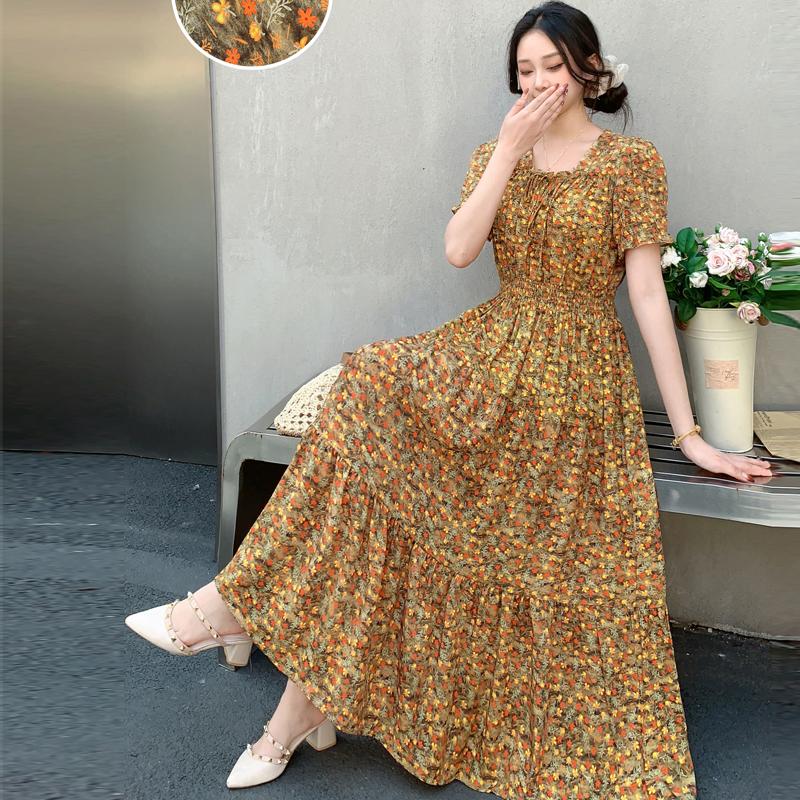 Summer Cotton Silk Floral Print Maxi Dress Bohemian Beachwear High Waist Young Women's Large Skirt Swing Dress