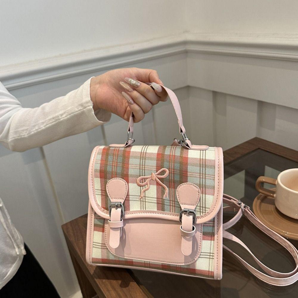 Mochila com Grade e Laço Bolsa de Mão PU para Adolescentes Bolsa Escolar Criativa Feminina Bolsa Transversal Presente