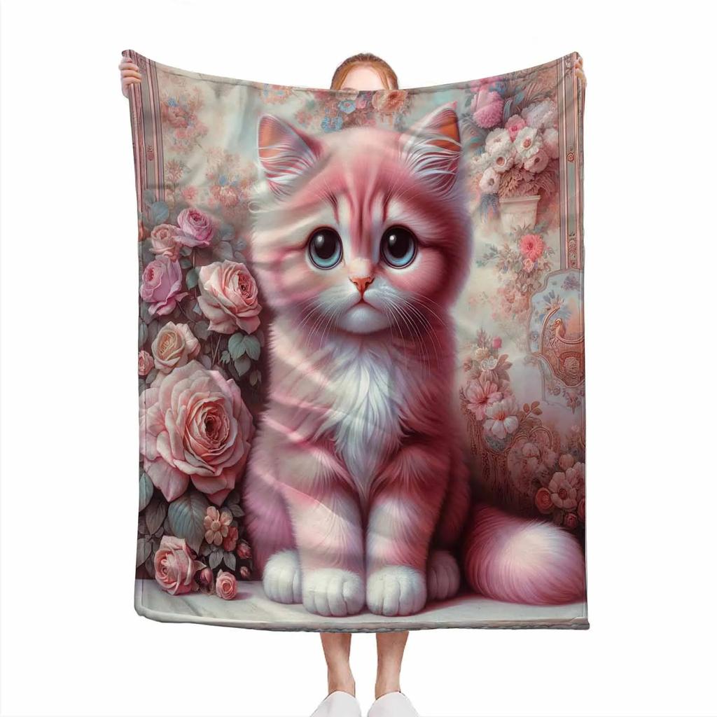 Charming Pink Rose & Cat Design Soft Microfiber Throw Blanket – Cozy for Bed, Sofa, Camping, Picnic & Winter Decor