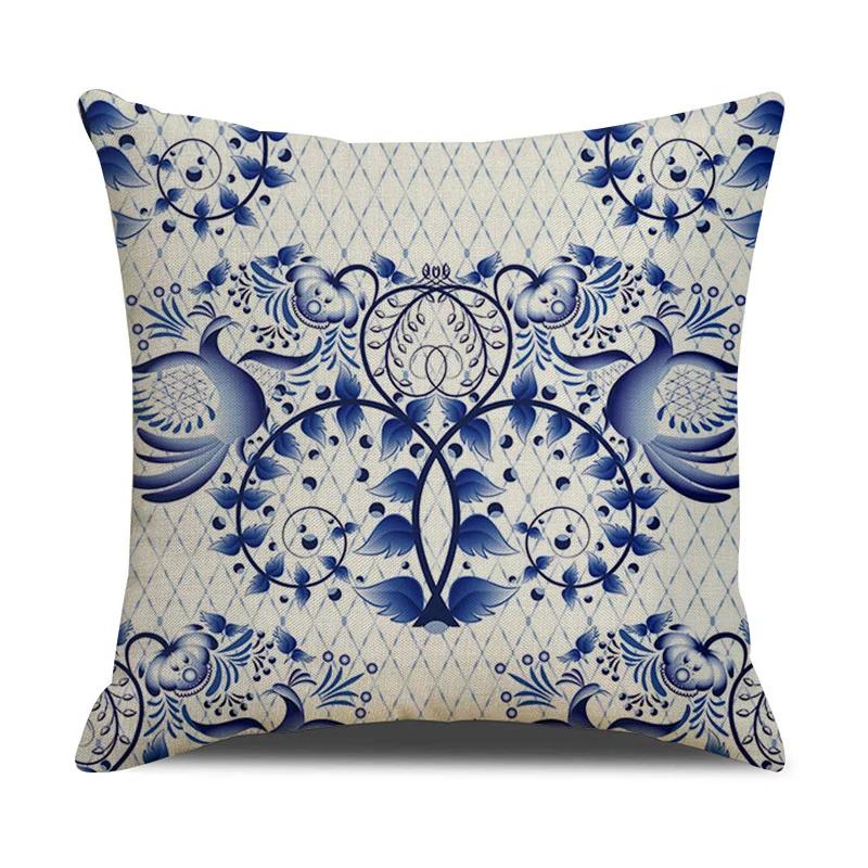Chinese retro style blue and white ceramic printed fabric linen cotton throw pillow wrapped sofa home decoration pillow