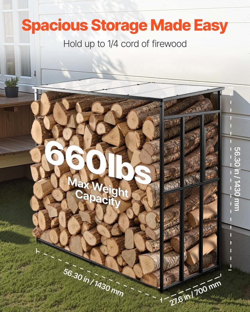 Firewood Rack with Sloped Roof, 143cm Outdoor Firewood Holder, 1/4 Cord Log Storage Shed, 299kg Max Weight Capacity, Powder-Coated Metal Wood Storage