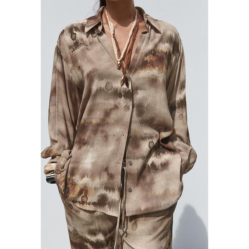 Tie-Dye Stylish Temperament Long Sleeves Lapel Shirt 8372118 High Waist Straight-leg Tie-Dye Pants 8372018