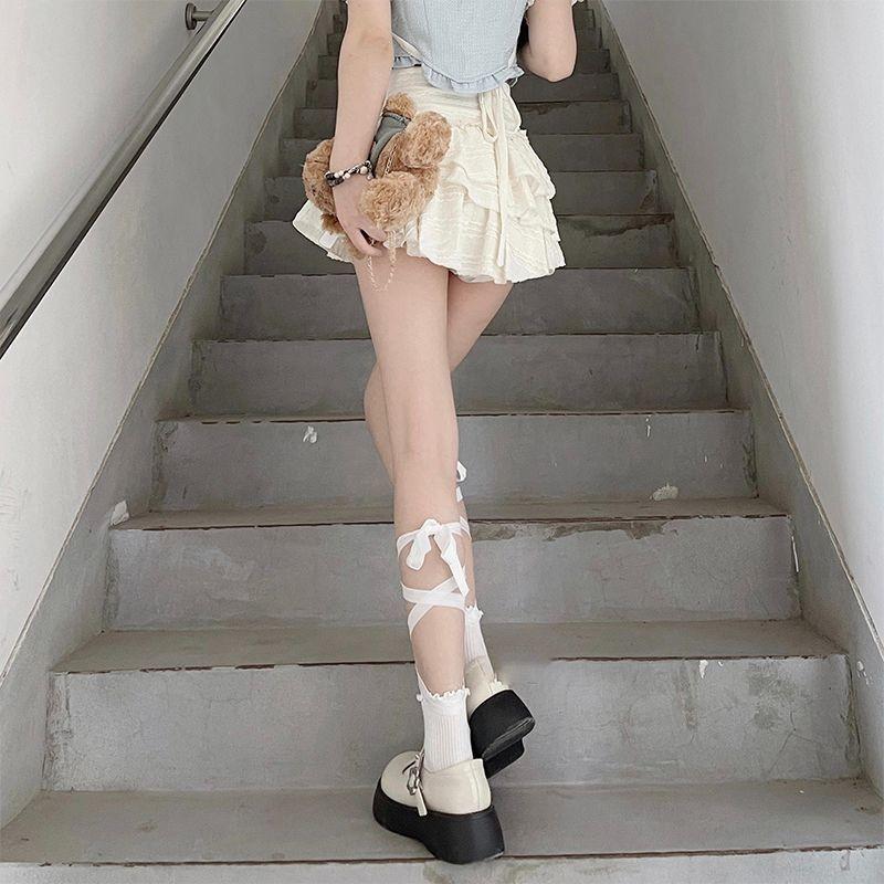 1Pair Jk Mid Tube Women Socks Fashionable Versatile Black White Solid Color Cross Straps Comfortable Breathable Socks