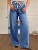 Damen High Waist Baggy Weite Beine Jeans Kordelzug Boyfriend Denim Hose