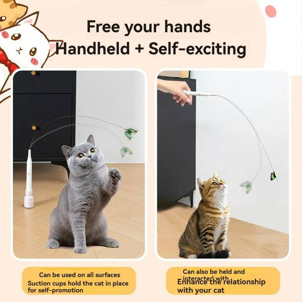 Switchable Butterfly Pattern Cat Teasing Stick Interactive Toy Automatic Cat Teaser 360° Swivel with Suction Cup Cat Teaser Toys