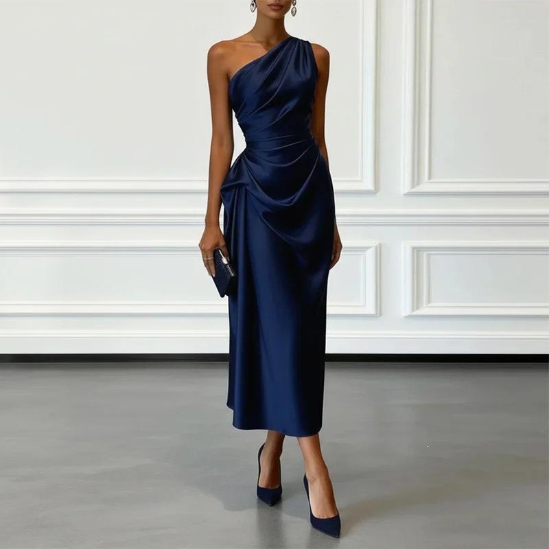 Elegant Women Solid Satin Slanted Neck Midi Dress Summer Sexy One Shoulder Sleeveless Ruched Slim Evening Party Long Dresses