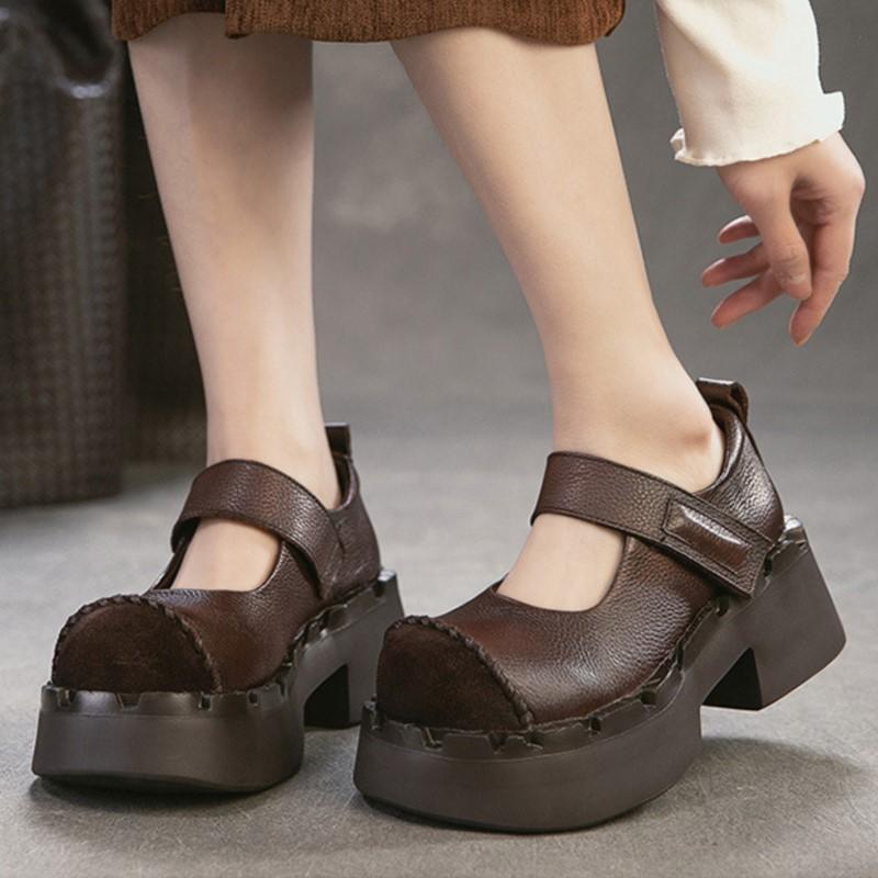 Johnature Genuine Leather Thick Soled High Heels Pumps Fashion Round Toe Women's Platform Shoes