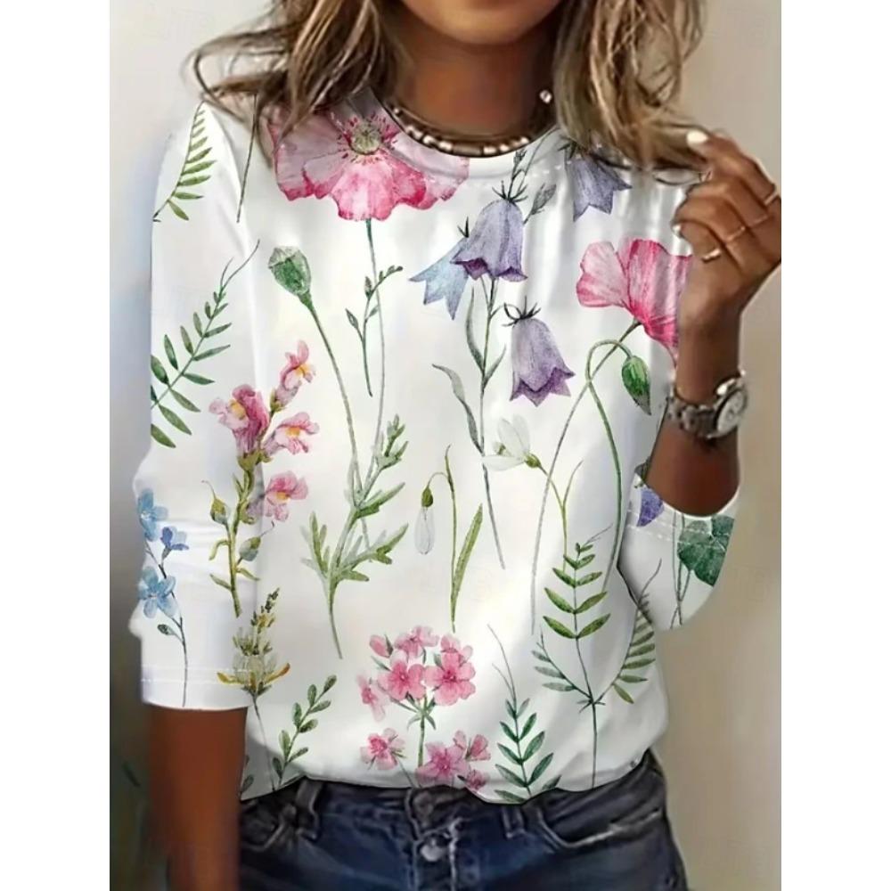 Top da Donna Stampa Floreale Girocollo Manica Lunga T-shirt Autunno Casual Slim Pullover Top a Manica Lunga da Donna
