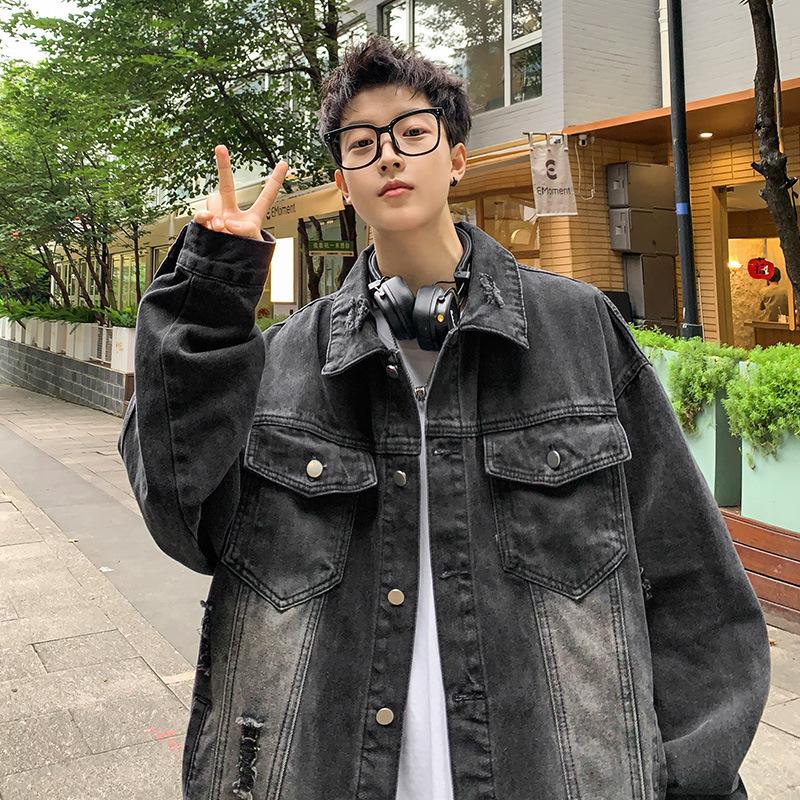 

Denim jacket men s spring and autumn high-end ruffian handsome tooling jacket 2025 new trendy brand retro ripped top S
