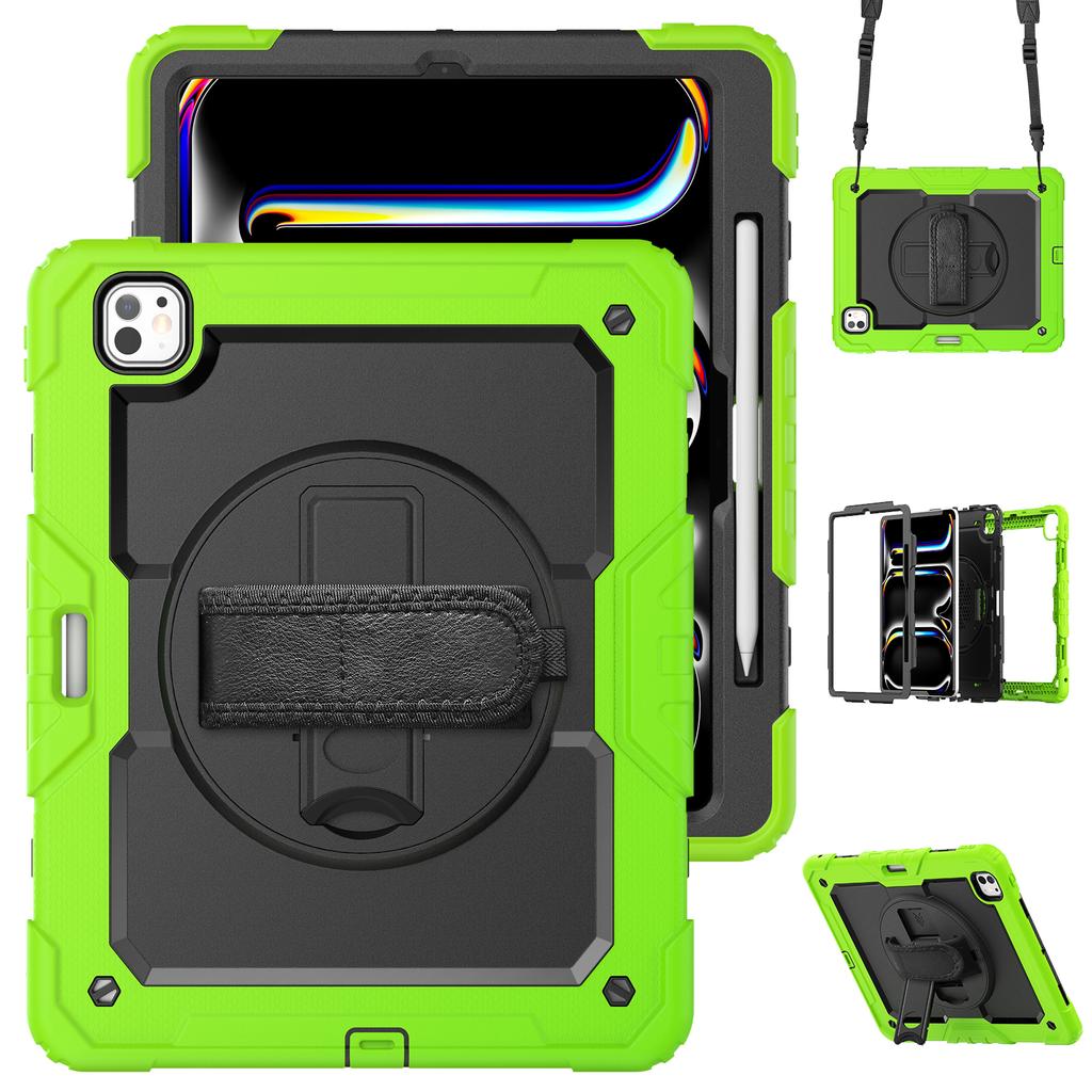 For iPad Pro 13 (2024) Kickstand Case PC+Silicone Tablet Cover with Screen Film/Shoulder Strap