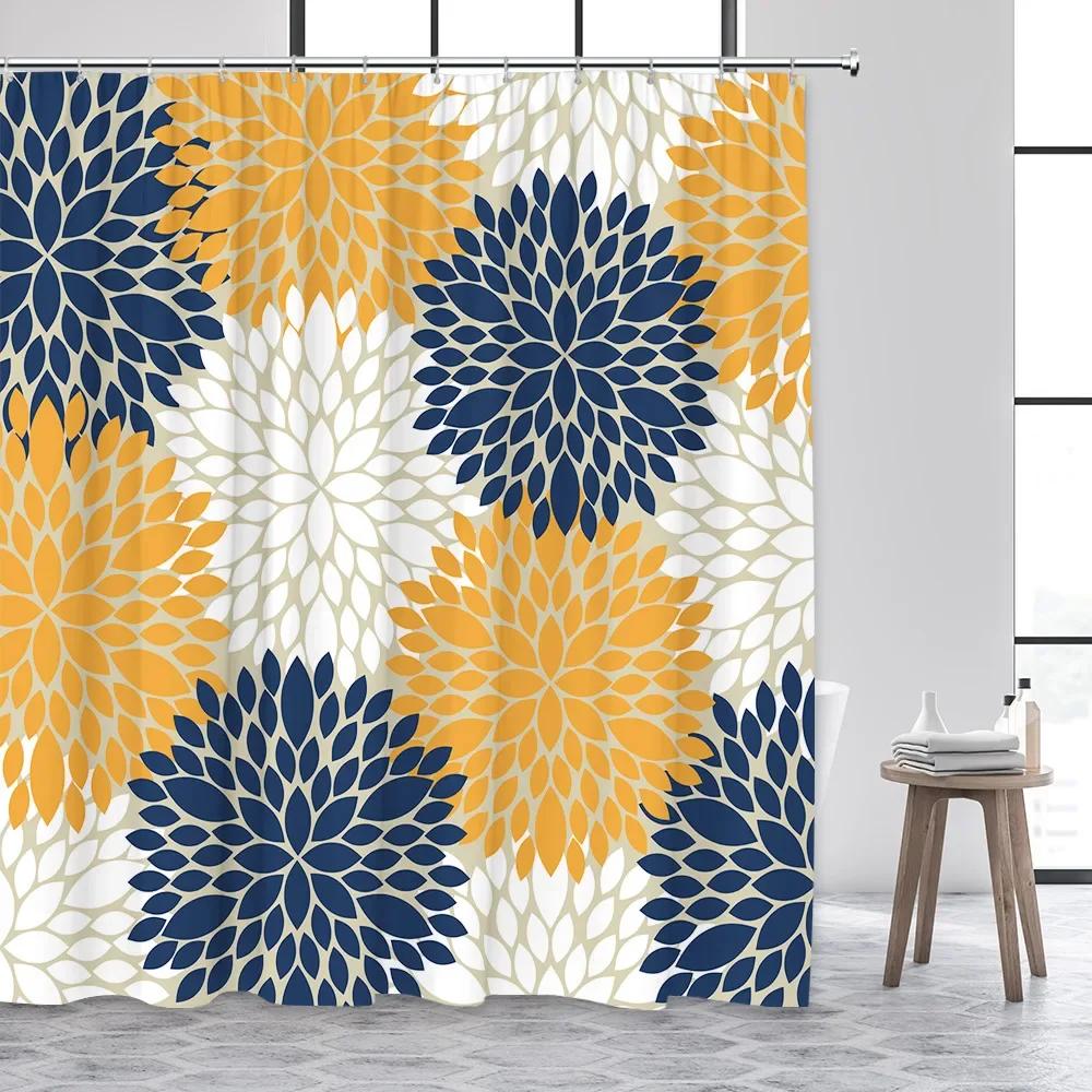 Purple Flowers Shower Curtain Abstract Chrysanthemum Gray Background Autumn Plant Fabric Bathroom Decor Curtains Sets with Hooks
