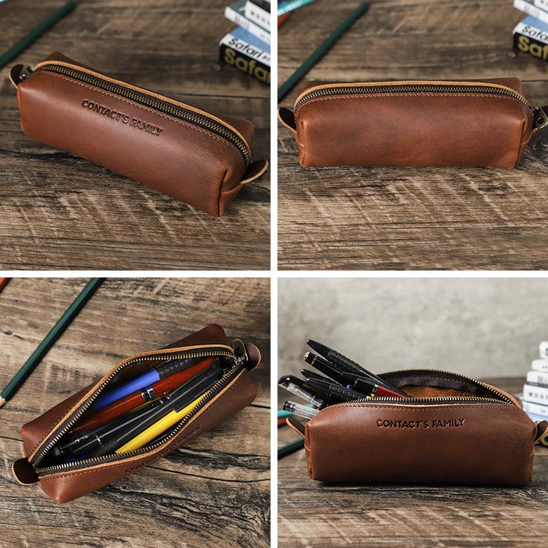Retro Leather Pencil Case Handmade Zipper Simple Student Stationery Storage Bag Square Ballpoint Pen Case