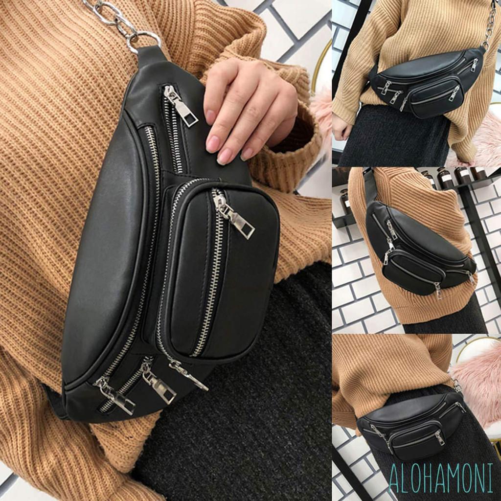 ALOHAMONI Body PU Leather with Large Ample Shoulder Slim and Suitable for Men and Women 3-Way Bag/Waist Bag/Fastener, Chain, Lightweight, Capacity,