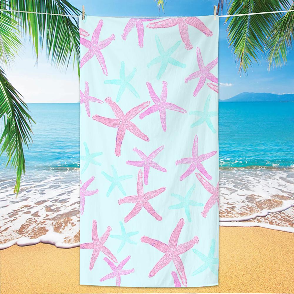 Watercolor Ocean Life Beach Towel, Navy Blue Background Starfish Seashell Print Towel