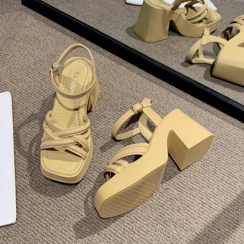 Buckle square head platform sandals summer new square heel open toe cross with high heel sandals women