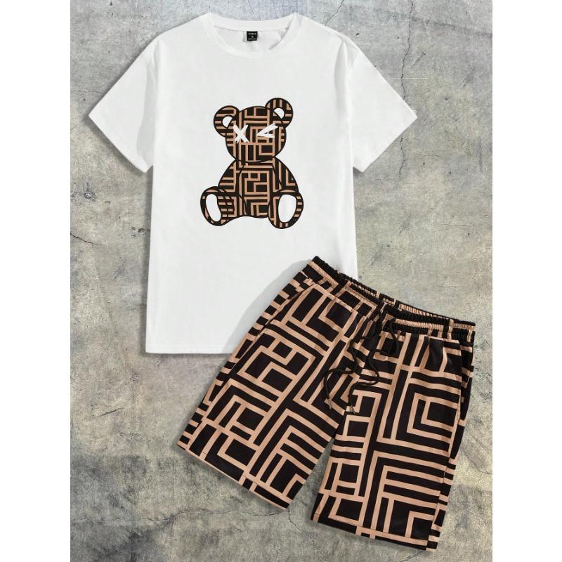Zomer 2026 Heren Korte Mouw Shorts Set met Beerprint Ademend Lichtgewicht Casual Modieus Buiten Kleding voor Mannen