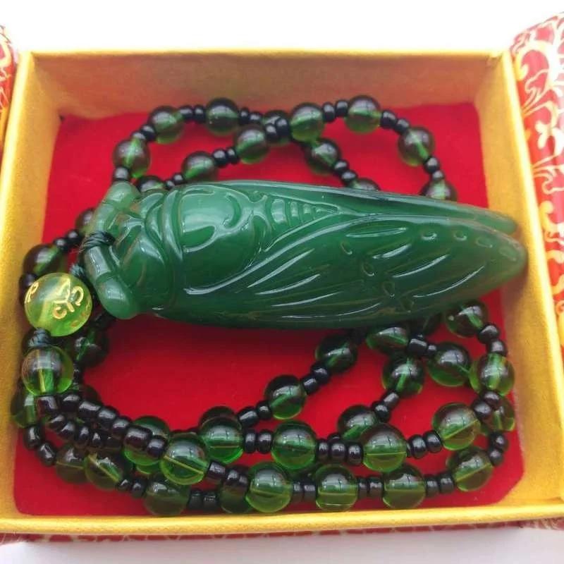 Imitate Hotan Jade Cicada Pendant Transfer Jade Sweater Chain Men's and Women's Birthday Gifts Crystal Necklace