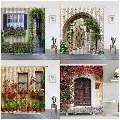 Landschaft Straße Blume Duschvorhang Retro Italienische Altstadt Architektur Floral Wasserdichtes Tuch Badezimmer Vorhänge Dekor Haken