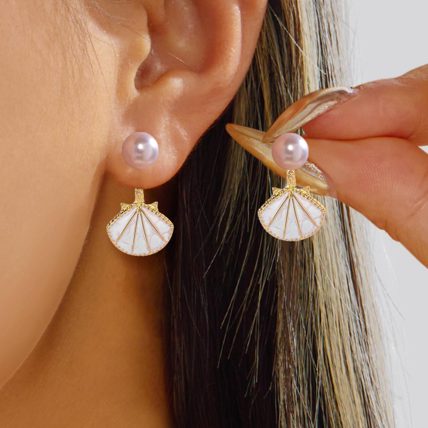 

Creative Metal Scallop Pendant Earring for Women Summer Elegant Imitation Pearl Starfish Shell Piercing Earring Beach Zircon