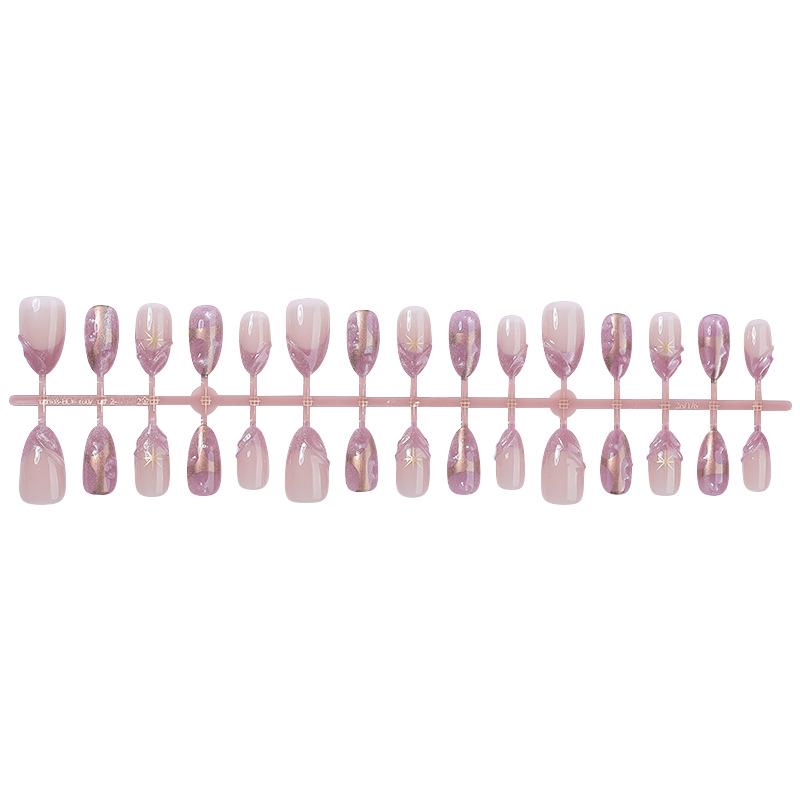 30 Pcs Purple Cat Eye Long-Wear Nails with Starlight Gradient and Gilded Nail Art Stickers