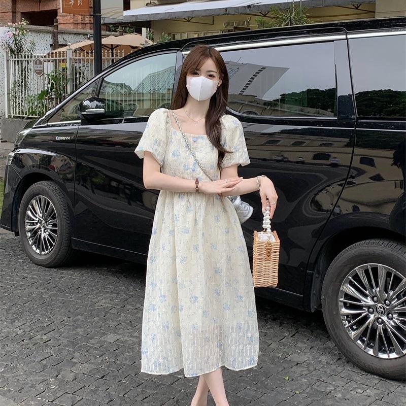 Coffee break French retro floral dress women's summer temperament waist bubble sleeves gentle wind first love long dress sweet style