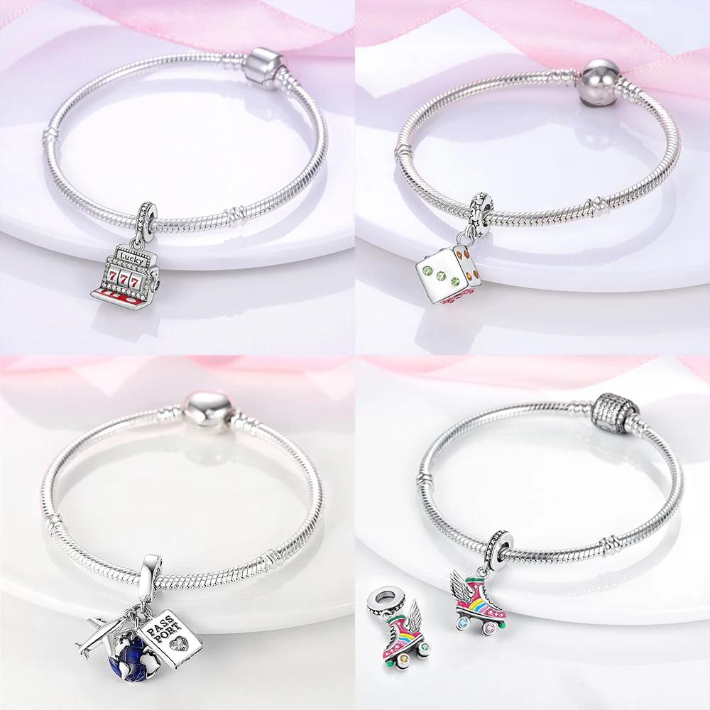 Original Copper Charms Pink Beads Smart Watch Bike Car Travel Dangle Fit Bangle Bracelet Diy Jewelry For Woman Fine Gift