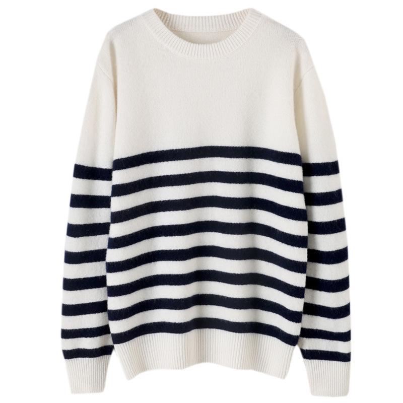 Men's Striped Pure Wool Round Neck Casual Thick Knit Sweater for Autumn & Winter