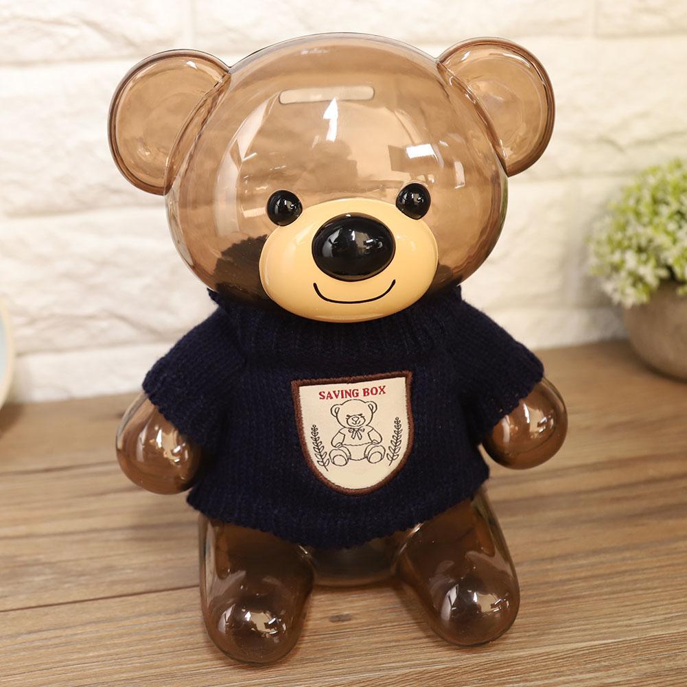 Children Coin Piggy Bank Money Box Cartoon Clothes Bear Plastic Transparent  (Blue)