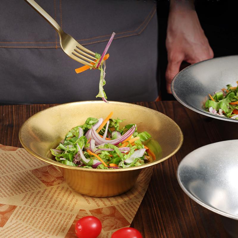 Korean Retro Style Stainless Steel Gold and Silver Salad Bowl Spaghetti Plate Household Restaurant Kitchen Accessories Tableware