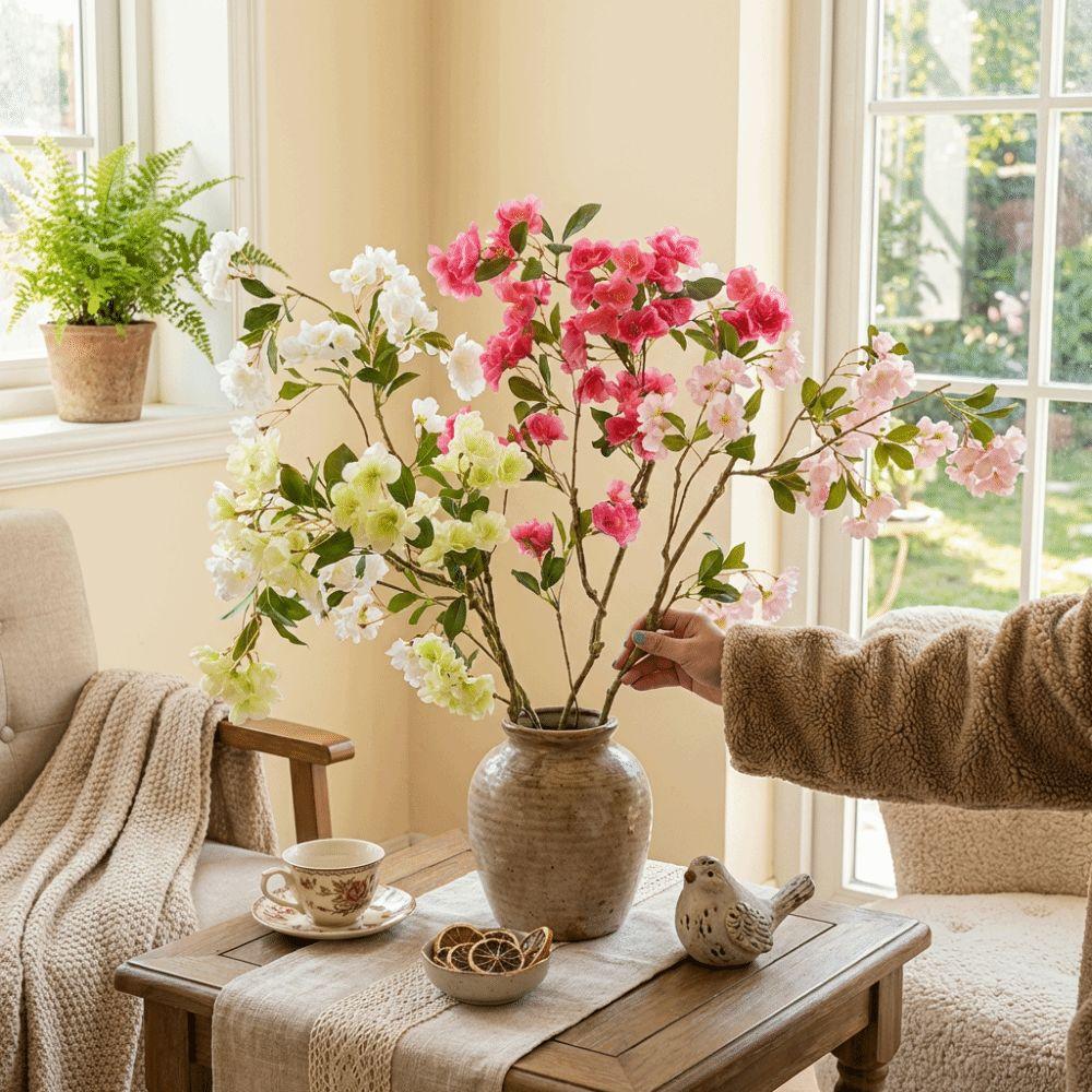 Long Branch Artificial Cherry Blossom Realistic Real Touch Silk Cherry Blossoms Branch Handmade with Leaves Fake Flower
