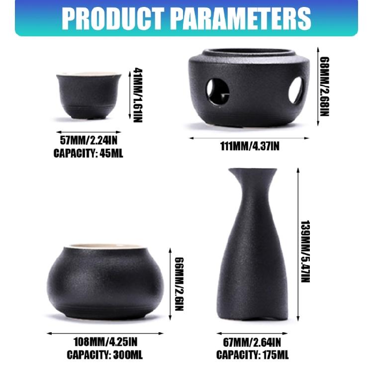 Japanese Drinking Set Contains Heat Resistant Sake Carafe Bottle 4 Cups Warmer Candle Stove Birthday Housewarmings Gift