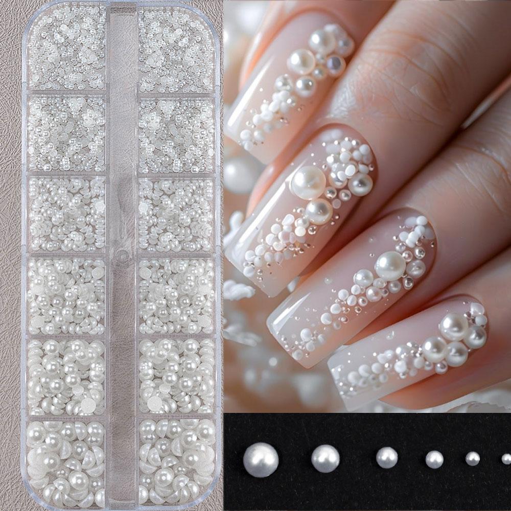 2Boxes 12grids White Pearls Nail Rhinestones & 6grids 0.8-3mm Silver Metal Caviar Beads Nail Gems Resin Nail Decorations YT89
