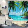 1pc Tropical Beach Scene Shower Curtain - Vibrant Palm Trees, Ocean Waves, and Sunlit Sand, Ideal for Bathroom Decor