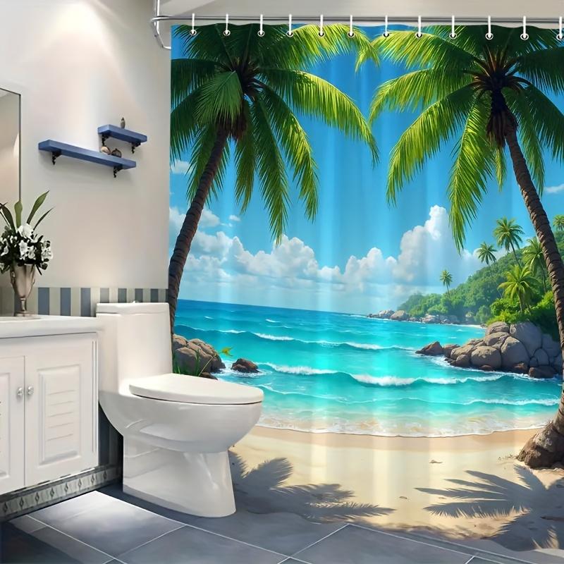 1pc Tropical Beach Scene Shower Curtain - Vibrant Palm Trees, Ocean Waves, and Sunlit Sand, Ideal for Bathroom Decor