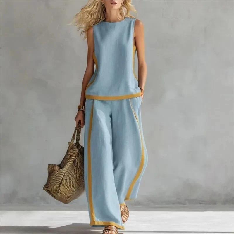 

New Sleeveless Contrast Wide Leg Pants Suit Summer Casual Fashion Two-piece XXXXXL