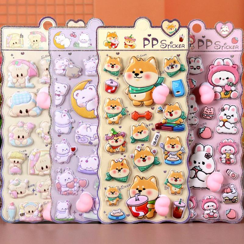 High-Visual-Appeal Cartoon Bunny & Shiba Inu Stress-Relief Squishy PP Toy Decorative Stickers: Kids' Stationery Decal Gifts
