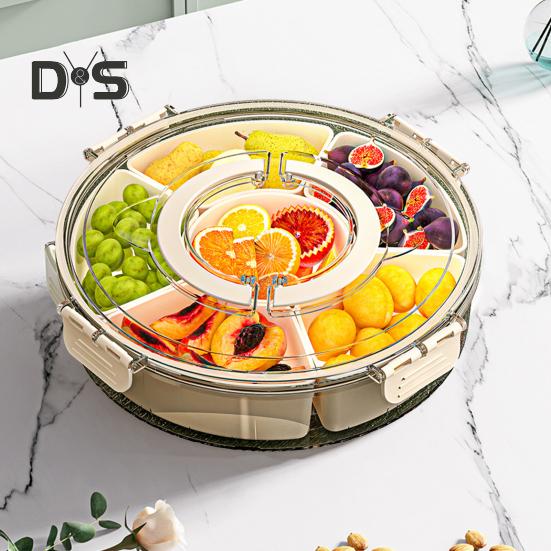 Fruit Plate Snack Spinner Divided Serving Tray with Lid Handle Food Platter for Charcuterie Veggie Travel Picnic Snack Organizer