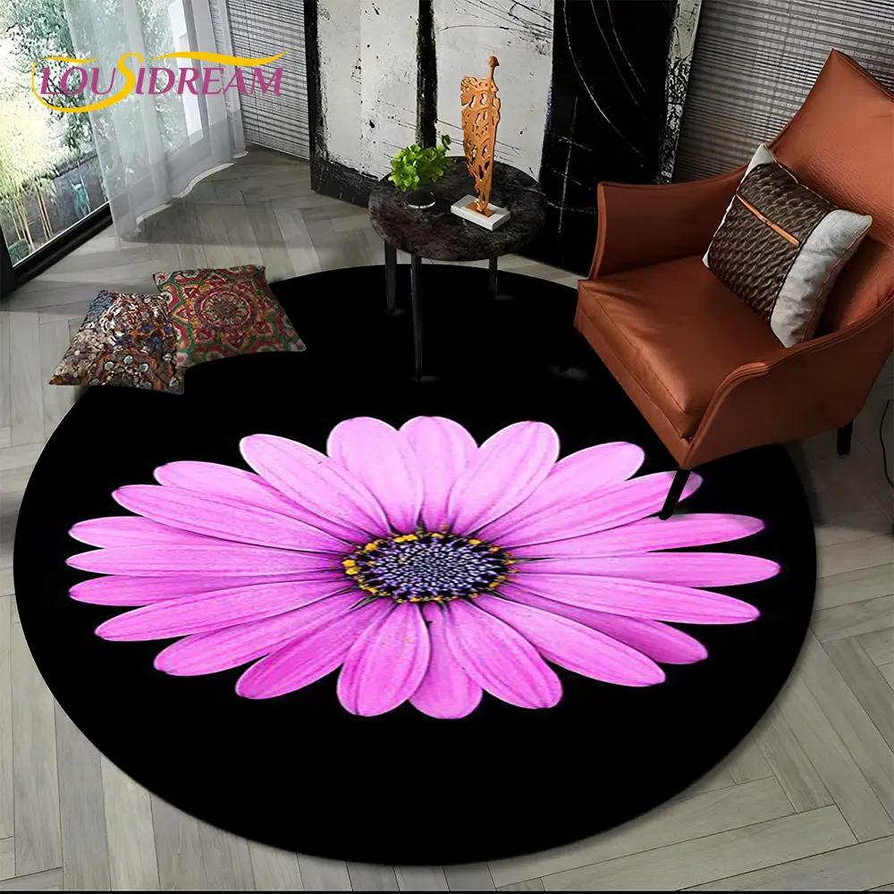 3D Daisy Nordic Flower Sunflower Round Area Rug,Carpet for Living Room Children's Bedroom Sofa Playroom Decor,Non-slip Floor Mat