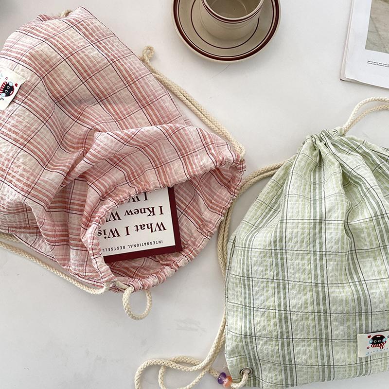 Checked Backpack Drawstring Canvas Women Shopping Bag Sports Gym Bag Training Sackpack Simple Commuter Bag