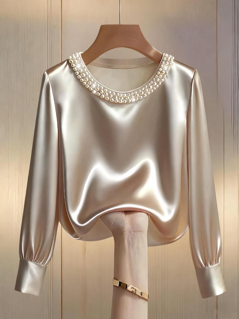 Elegant Solid Color Beaded Satin Long Sleeve Blouse, New 2025 Style
