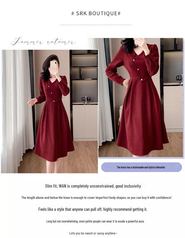 HXFS8213 Romantic Retro Red Dress - Women's High-End V-Neck French Hepburn Skirt for 2025 Autumn/Winter