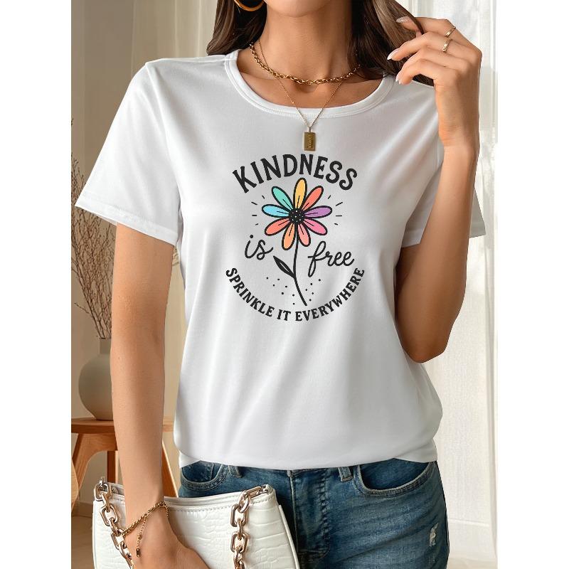 Women's "Kindness and Freedom" Floral Print T-Shirt New Casual Short Sleeve Summer Top