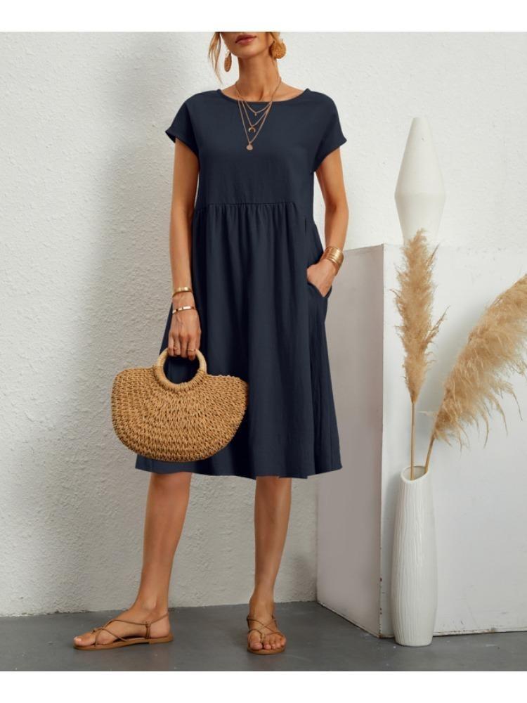 Cotton Linen Women's Plus Size A-line Skirt Round Neck Loose Dress Temperament Style Summer