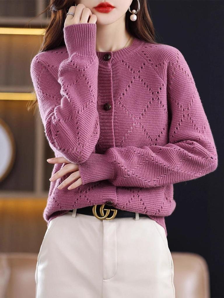 Damen Kaschmirwolle Strickjacke - Gestrickter Rundhals-Pullover für Herbst/Winter Mode