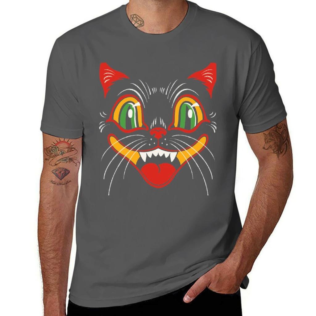 Retro Vintage Halloween Decor Black Cat Face Tshirt Summer Holiday Casual Tee