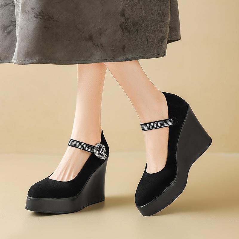 10.5CM ultra-high heel single shoes 2025 spring and autumn new round head thick sole wedge heel shallow mouth one-word buckle belt small leather