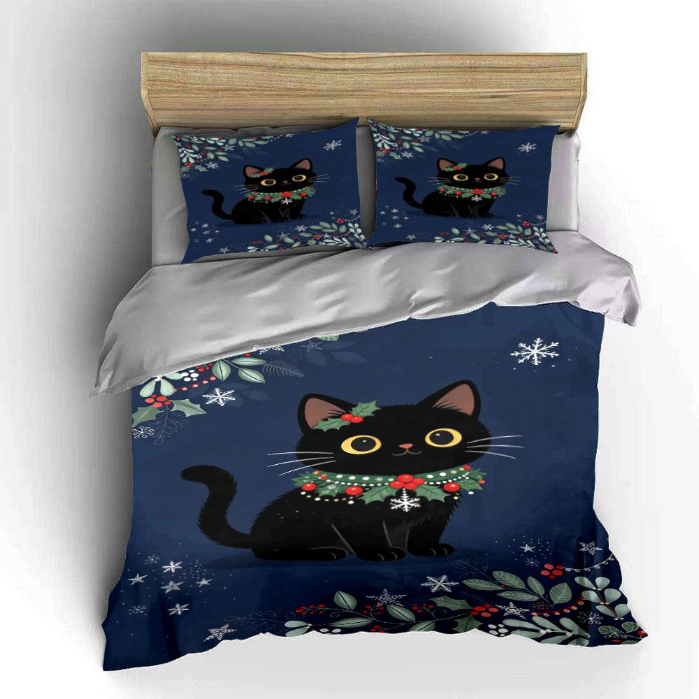 Black cat, holly wreath. Bedding sets Duvet cover sets Duvet covers Pillowcases(1* Duvet Cover 2* Pillowcases without duvet insert)
